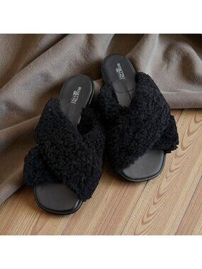 ROSETTA GETTY Black Shearling Slides Sandals Size 36.5 / 6.5